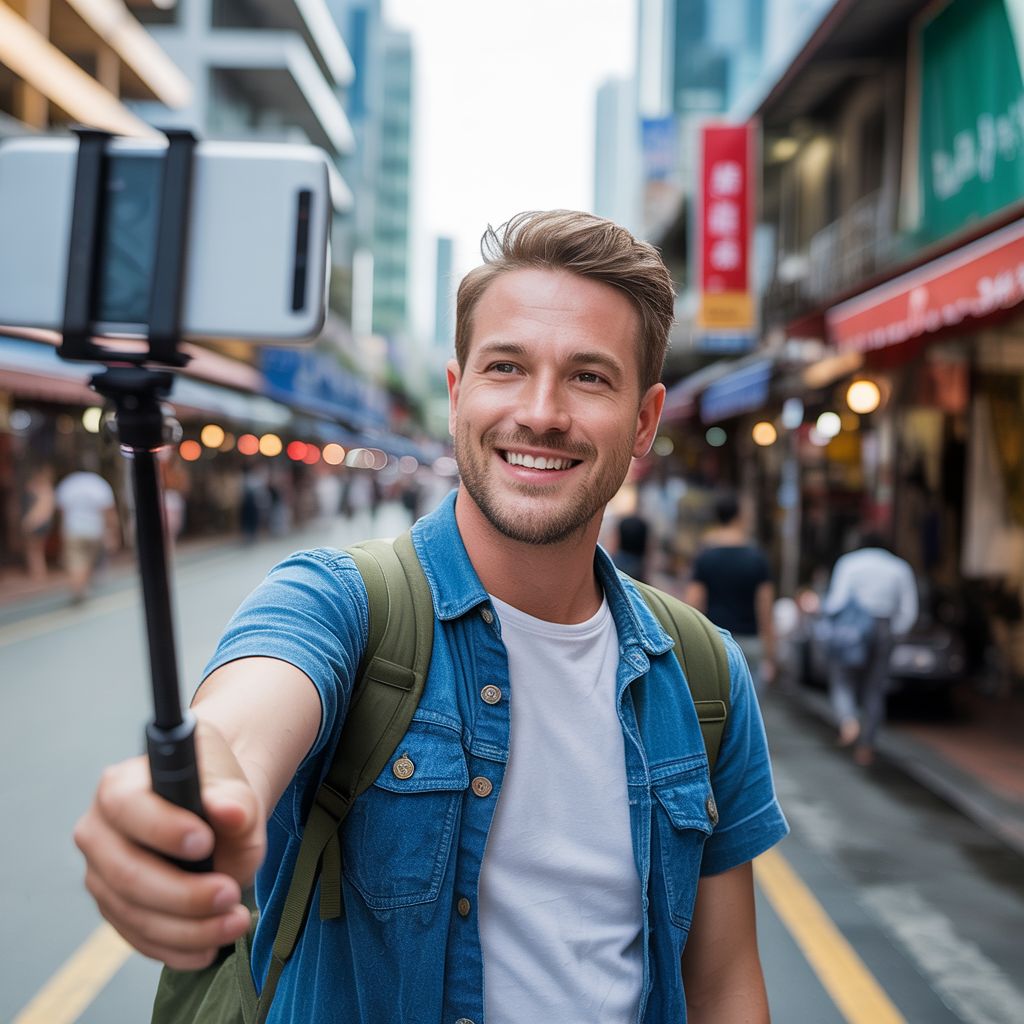 Male Travel/Dating Influencer Holding Selfie Stick